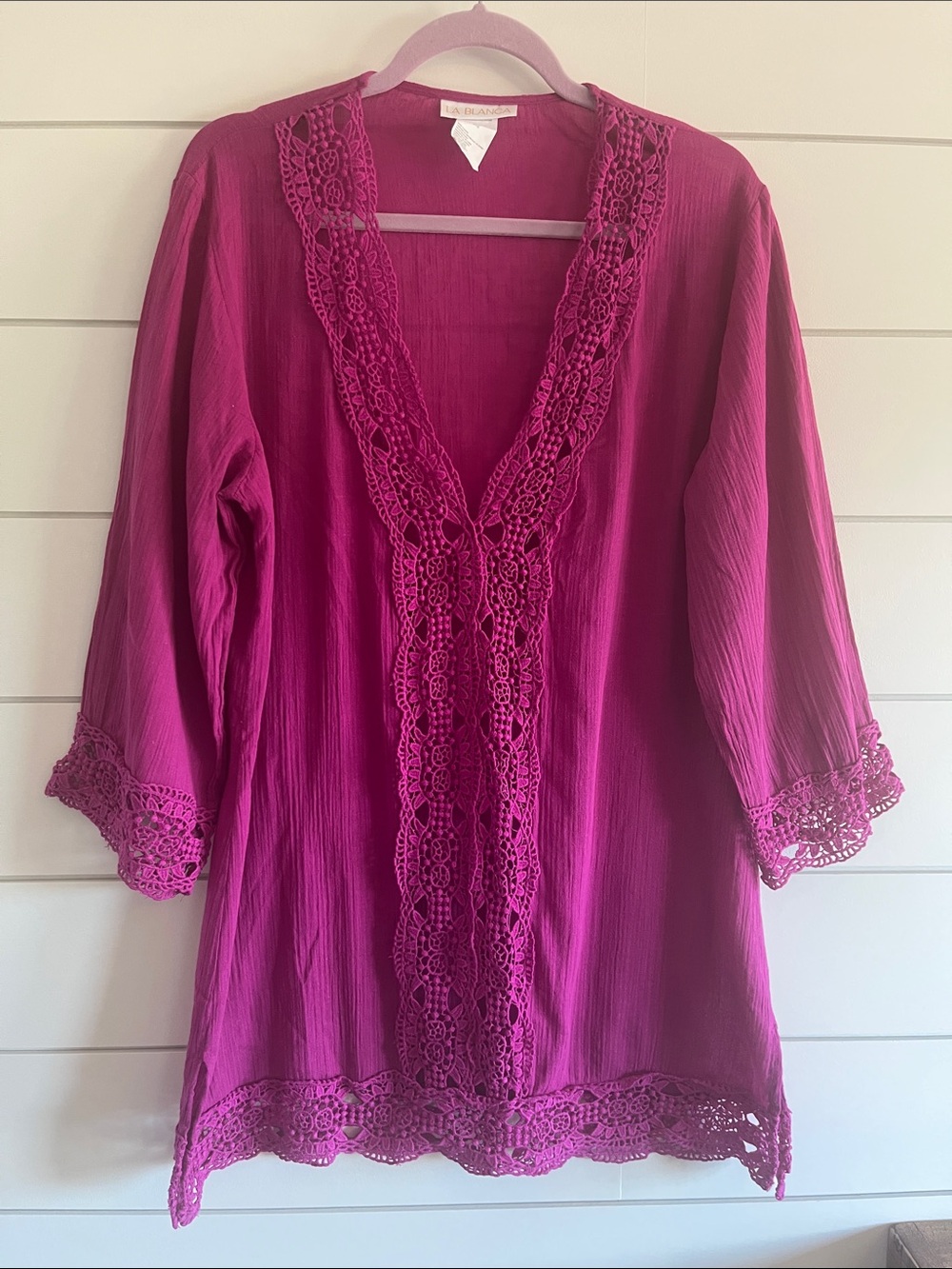La Blanca Fuchsia Crochet-Trim Tunic Coverup Top Size Medium
